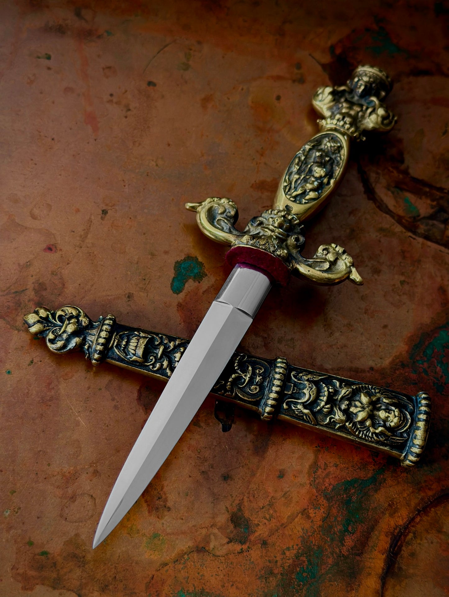 Midcentury Cast Brass Romantic European Dagger