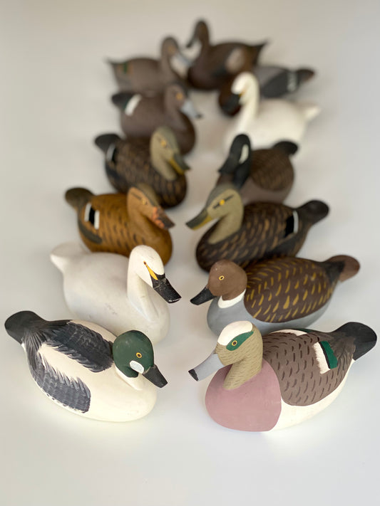 Vintage Collection of Miniature Wooden Duck Decoys, handmade by Capt. Jessie Urie (1901-1978)